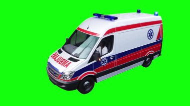 Hızlı giden bir ambulans. Araba gövdesinde gerçekçi dinamik yansımalar. 4K yeşil ekran izole et