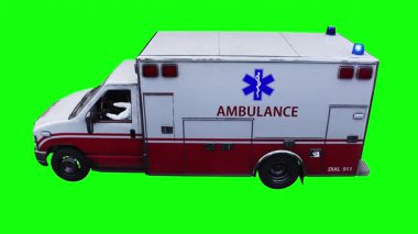 Hızlı giden bir ambulans. Araba gövdesinde gerçekçi dinamik yansımalar. 4K yeşil ekran izole et