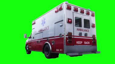 Hızlı giden bir ambulans. Araba gövdesinde gerçekçi dinamik yansımalar. 4K yeşil ekran izole et