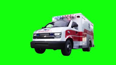 Hızlı giden bir ambulans. Araba gövdesinde gerçekçi dinamik yansımalar. 4K yeşil ekran izole et