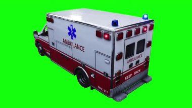 Hızlı giden bir ambulans. Araba gövdesinde gerçekçi dinamik yansımalar. 4K yeşil ekran izole et