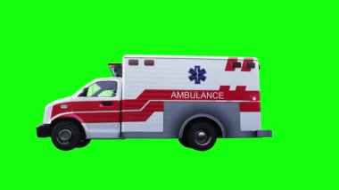 Hızlı giden bir ambulans. Araba gövdesinde gerçekçi dinamik yansımalar. 4K yeşil ekran izole et