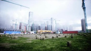 Mobil inşaat vinci. Büyük bir sanayi ya da fabrika inşaatı, dış yapı, modern endüstriyel dış yapı, panoramik, havadan görüş, inşaat vinci, inşaat makineleri. 4k animasyon