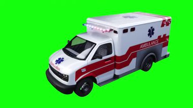 Hızlı giden bir ambulans. Araba gövdesinde gerçekçi dinamik yansımalar. 4K yeşil ekran izole et