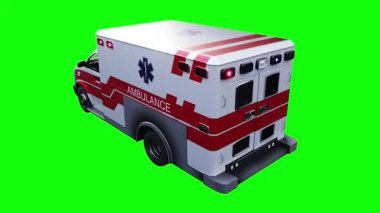 Hızlı giden bir ambulans. Araba gövdesinde gerçekçi dinamik yansımalar. 4K yeşil ekran izole et