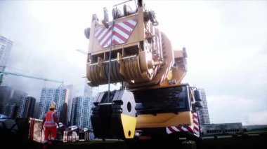 Mobil inşaat vinci. Büyük bir sanayi ya da fabrika inşaatı, dış yapı, modern endüstriyel dış yapı, panoramik, havadan görüş, inşaat vinci, inşaat makineleri. 4k animasyon