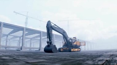 İnşaat alanında büyük küreği olan kazıcı. İşçiler. Gün ışığı. gerçekçi 4k animasyonu