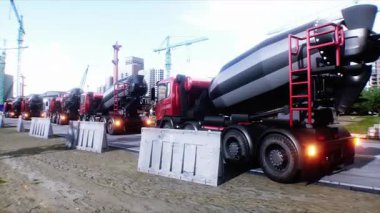 İnşaatta beton karıştırıcı kamyonu. Araba kullanmak. İnşaat ve ulaşım konsepti. Gerçekçi 4K animasyonu