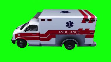 Hızlı giden bir ambulans. Araba gövdesinde gerçekçi dinamik yansımalar. 4K yeşil ekran izole et