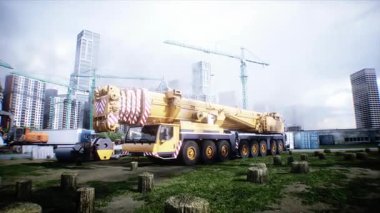 Mobil inşaat vinci. Büyük bir sanayi ya da fabrika inşaatı, dış yapı, modern endüstriyel dış yapı, havadan manzara, inşaat vinci. 4k animasyon