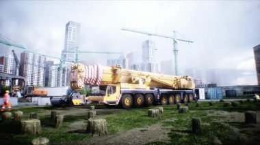 Mobil inşaat vinci. Büyük bir sanayi ya da fabrika inşaatı, dış yapı, modern endüstriyel dış yapı, panoramik, havadan görüş, inşaat vinci, inşaat makineleri. 4k animasyon