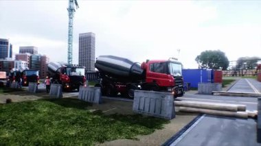 İnşaatta beton karıştırıcı kamyonu. Araba kullanmak. İnşaat ve ulaşım konsepti. Gerçekçi 4K animasyonu