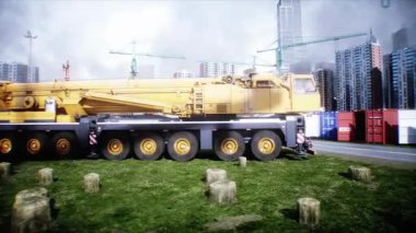 Mobil inşaat vinci. Büyük bir sanayi ya da fabrika inşaatı, dış yapı, modern endüstriyel dış yapı, panoramik, havadan görüş, inşaat vinci, inşaat makineleri. 4k animasyon