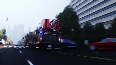 İtfaiye aracı, itfaiye aracı şehir caddesinde hızla gidiyor. Gerçekçi 4k animasyonu