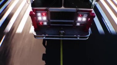 İtfaiye aracı, itfaiye aracı şehir caddesinde hızla gidiyor. Gerçekçi 4k animasyonu