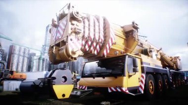 Mobil inşaat vinci. Büyük bir sanayi ya da fabrika inşaatı, dış yapı, modern endüstriyel dış yapı, panoramik, havadan görüş, inşaat vinci, inşaat makineleri. 4k animasyon