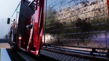 İtfaiye aracı, itfaiye aracı şehir caddesinde hızla gidiyor. Gerçekçi 4k animasyonu