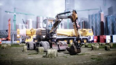 İnşaat alanında büyük küreği olan kazıcı. İşçiler. Gün ışığı. gerçekçi 4k animasyonu