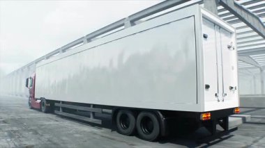 Kırmızı kargo kamyonu inşaatta. Araba kullanmak. İnşaat ve ulaşım lojistik konsepti. Gerçekçi 4K animasyonu