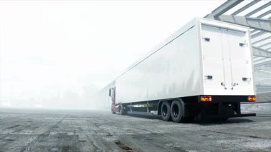 Kırmızı kargo kamyonu inşaatta. Araba kullanmak. İnşaat ve ulaşım lojistik konsepti. Gerçekçi 4K animasyonu