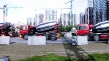 İnşaatta beton karıştırıcı kamyonu. Araba kullanmak. İnşaat ve ulaşım konsepti. Gerçekçi 4K animasyonu