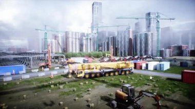 Mobil inşaat vinci. Büyük bir sanayi ya da fabrika inşaatı, dış yapı, modern endüstriyel dış yapı, panoramik, havadan görüş, inşaat vinci, inşaat makineleri. 4k animasyon