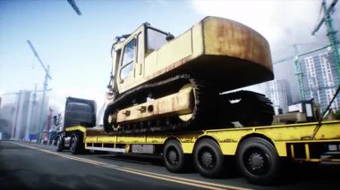 Kazı makinesi taşıyan bir karavan. İnşaat ve ulaşım konsepti. Gerçekçi 4K animasyonu