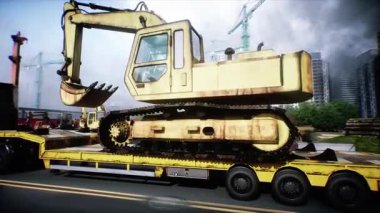 Kazı makinesi taşıyan bir karavan. İnşaat ve ulaşım konsepti. Gerçekçi 4K animasyonu