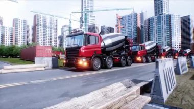 İnşaatta beton karıştırıcı kamyonu. Araba kullanmak. İnşaat ve ulaşım konsepti. Gerçekçi 4K animasyonu