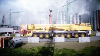 Mobil inşaat vinci. Büyük bir sanayi ya da fabrika inşaatı, dış yapı, modern endüstriyel dış yapı, havadan manzara, inşaat vinci. 4k animasyon