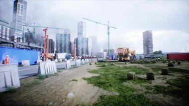 Mobil inşaat vinci. Büyük bir sanayi ya da fabrika inşaatı, dış yapı, modern endüstriyel dış yapı, panoramik, havadan görüş, inşaat vinci, inşaat makineleri. 4k animasyon