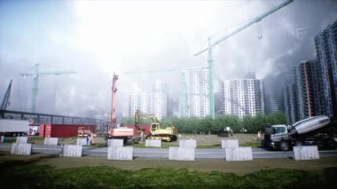 İnşaatta beton karıştırıcı kamyonu. Araba kullanmak. İnşaat ve ulaşım konsepti. Gerçekçi 4K animasyonu