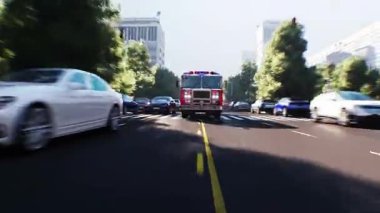 İtfaiye aracı, itfaiye aracı şehir caddesinde hızla gidiyor. Gerçekçi 4k animasyonu