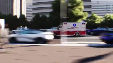 Şehir caddesinde hızlı giden bir ambulans. Gerçekçi 4k animasyonu