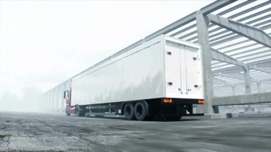 Kırmızı kargo kamyonu inşaatta. Araba kullanmak. İnşaat ve ulaşım lojistik konsepti. Gerçekçi 4K animasyonu