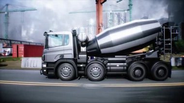 İnşaatta beton karıştırıcı kamyonu. Araba kullanmak. İnşaat ve ulaşım konsepti. Gerçekçi 4K animasyonu