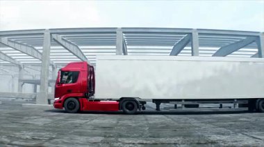 Kırmızı kargo kamyonu inşaatta. Araba kullanmak. İnşaat ve ulaşım lojistik konsepti. Gerçekçi 4K animasyonu