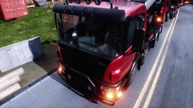 İnşaatta beton karıştırıcı kamyonu. Araba kullanmak. İnşaat ve ulaşım konsepti. Gerçekçi 4K animasyonu