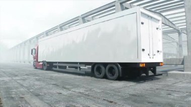 Kırmızı kargo kamyonu inşaatta. Araba kullanmak. İnşaat ve ulaşım lojistik konsepti. Gerçekçi 4K animasyonu