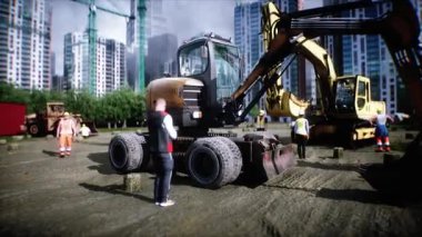 İnşaat alanında büyük küreği olan kazıcı. İşçiler. Gün ışığı. gerçekçi 4k animasyonu