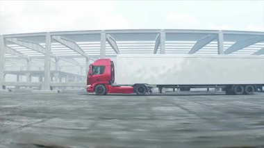 Kırmızı kargo kamyonu inşaatta. Araba kullanmak. İnşaat ve ulaşım lojistik konsepti. Gerçekçi 4K animasyonu