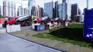 İnşaatta beton karıştırıcı kamyonu. Araba kullanmak. İnşaat ve ulaşım konsepti. Gerçekçi 4K animasyonu