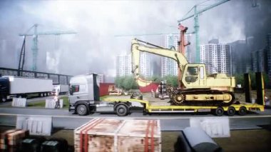 Kazı makinesi taşıyan bir karavan. İnşaat ve ulaşım konsepti. Gerçekçi 4K animasyonu