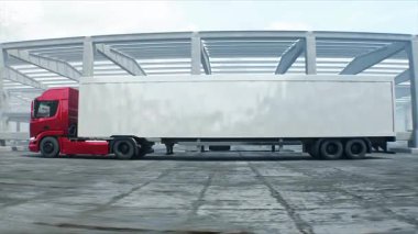 Kırmızı kargo kamyonu inşaatta. Araba kullanmak. İnşaat ve ulaşım lojistik konsepti. Gerçekçi 4K animasyonu