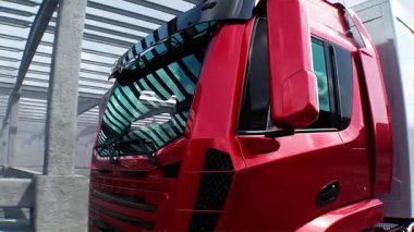 Kırmızı kargo kamyonu inşaatta. Araba kullanmak. İnşaat ve ulaşım lojistik konsepti. Gerçekçi 4K animasyonu