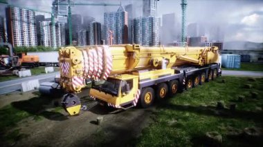 Mobil inşaat vinci. Büyük bir sanayi ya da fabrika inşaatı, dış yapı, modern endüstriyel dış yapı, panoramik, havadan görüş, inşaat vinci, inşaat makineleri. 4k animasyon