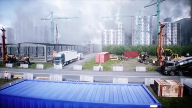 İnşaatta beton karıştırıcı kamyonu. Araba kullanmak. İnşaat ve ulaşım konsepti. Gerçekçi 4K animasyonu