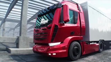 Kırmızı kargo kamyonu inşaatta. Araba kullanmak. İnşaat ve ulaşım lojistik konsepti. Gerçekçi 4K animasyonu