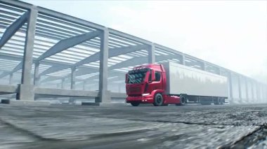 Kırmızı kargo kamyonu inşaatta. Araba kullanmak. İnşaat ve ulaşım lojistik konsepti. Gerçekçi 4K animasyonu