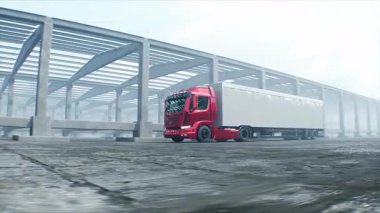 Kırmızı kargo kamyonu inşaatta. Araba kullanmak. İnşaat ve ulaşım lojistik konsepti. Gerçekçi 4K animasyonu